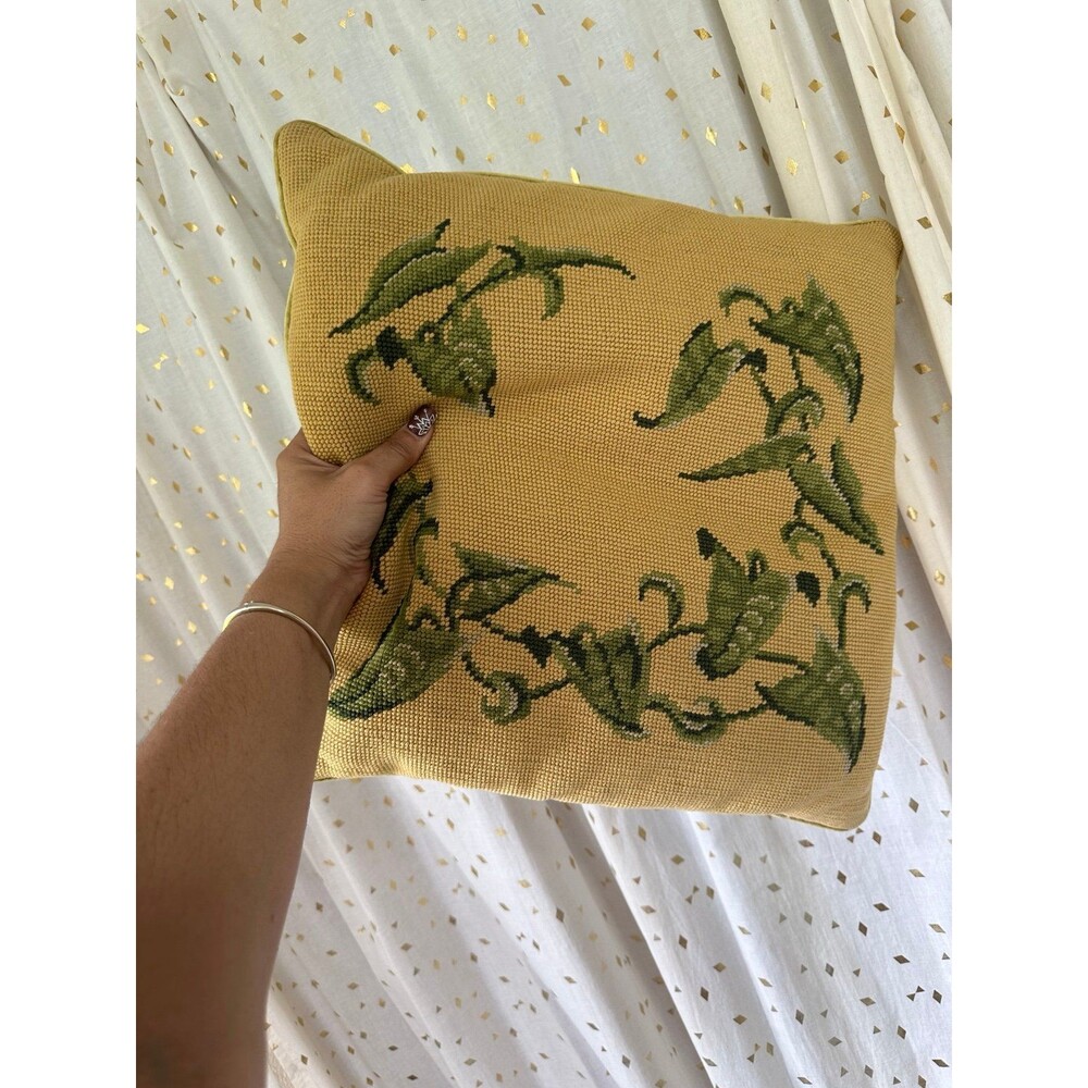 Vintage Needlepoint Vine Leaves Velvet Back Square Accent Pillow Decor - Picture 2 of 5